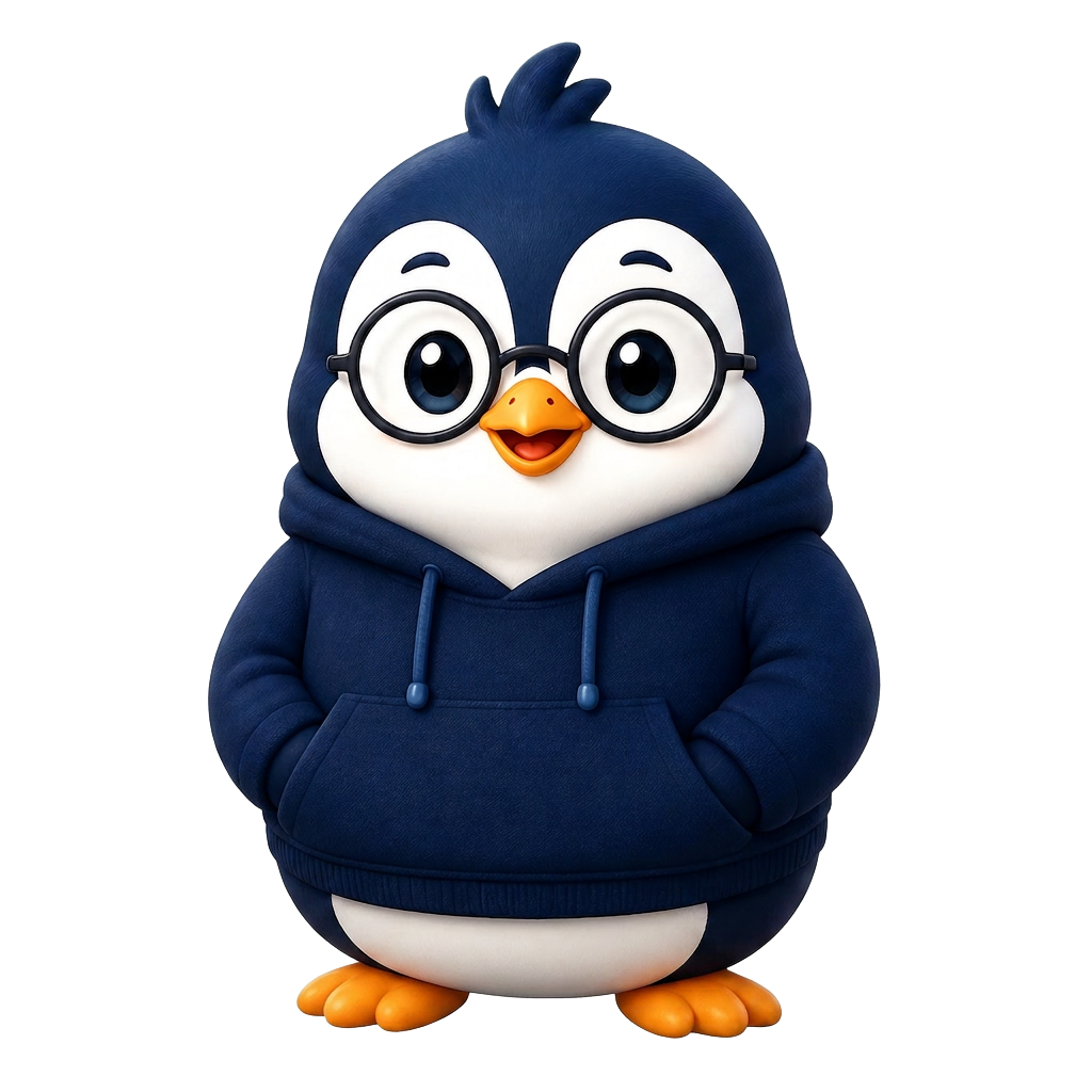 Penn, the PrepGuin mascot, a friendly studious penguin in a navy hoodie